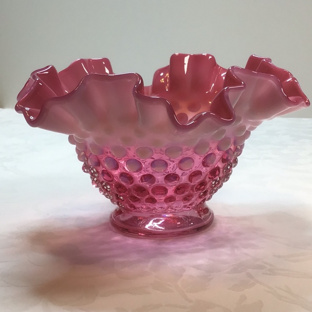 Vintage Fenton Pink Cranberry Opalescent Bowl, Hobnail Design with Ruffle Rim